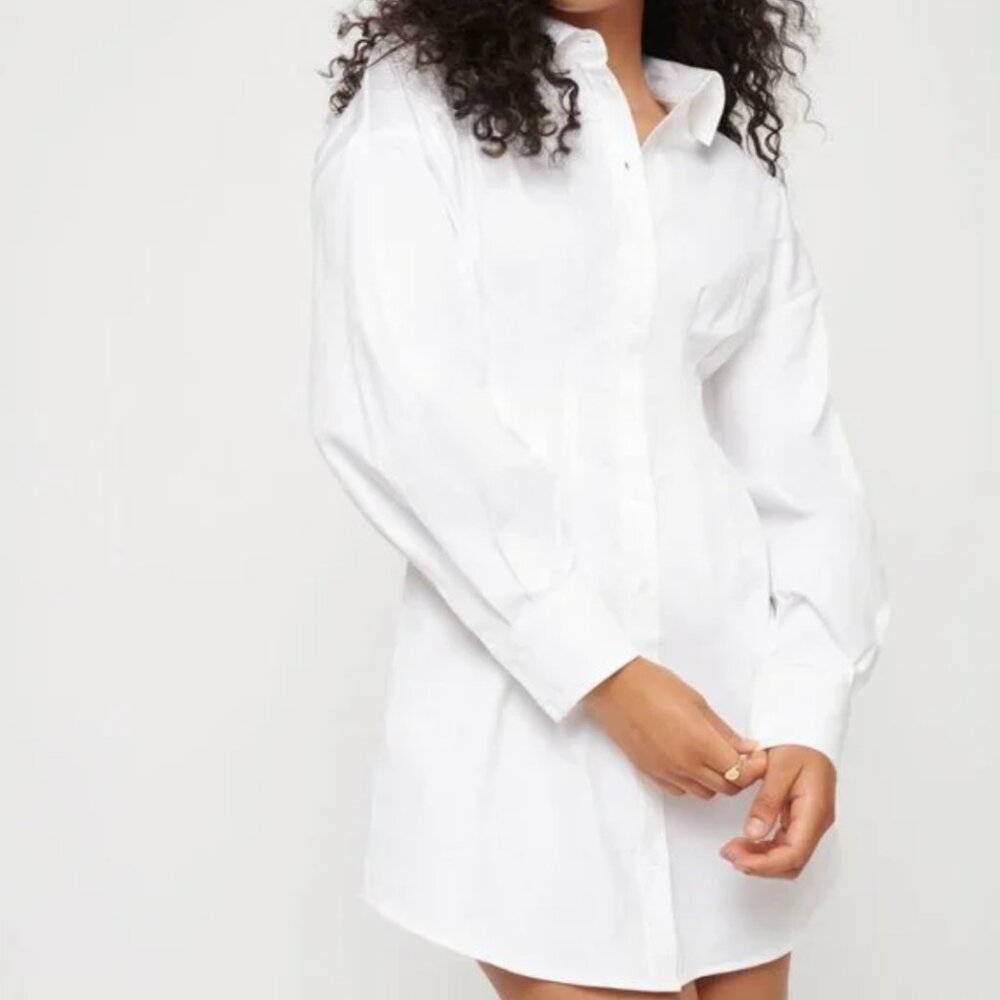 Minimalist White Button up Dress Shirt Dress with Cinched Waist XS